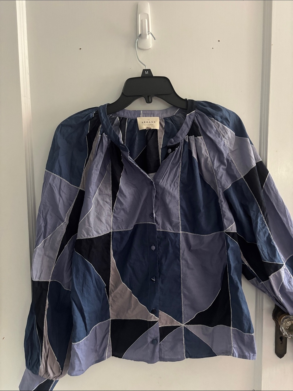 Sezane Patchwork Button-Front Blouse in Navy, lavender and Slate
